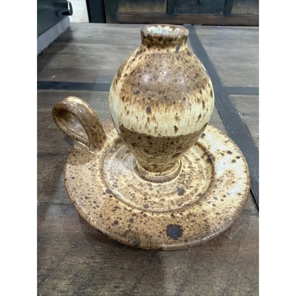 Hand Made VIntage Chamber Stick Farmhouse Candle Holder‎  Pottery Art Signed